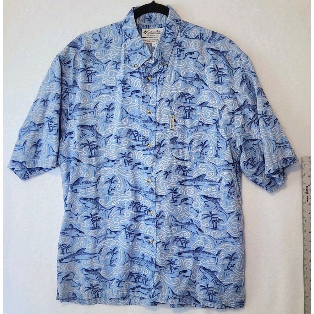 Columbia Men's M Blue Button-Up Shirt Sharks in Sunglasses Print Short Sleeve
